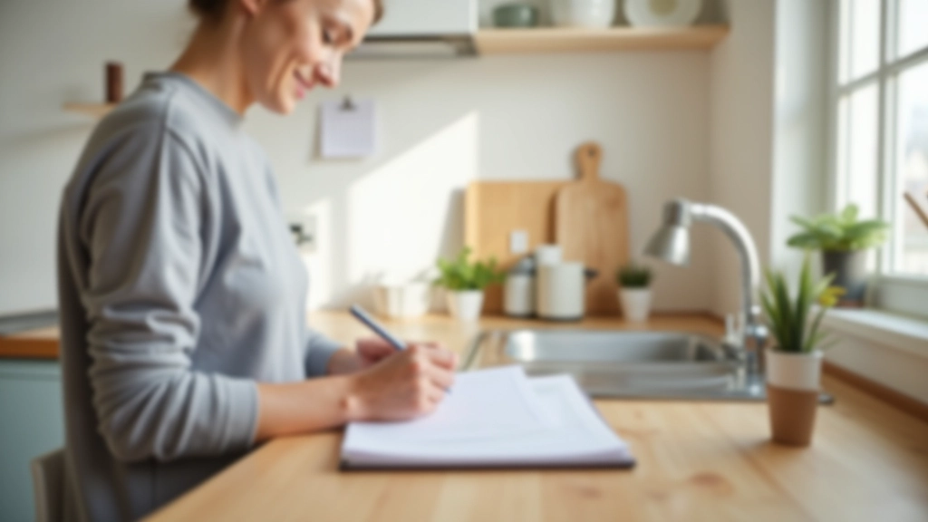 Caregiver writing weekly meal plan in notebook at kitchen counter with calendar
