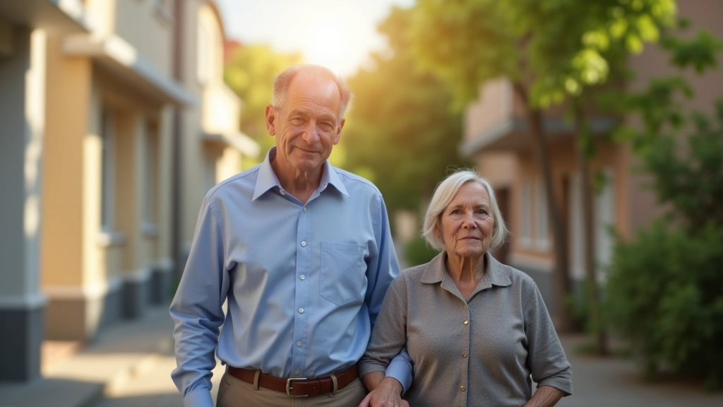 Elderly man and caregiver walking together outdoors on sunny day in residential neighborhood