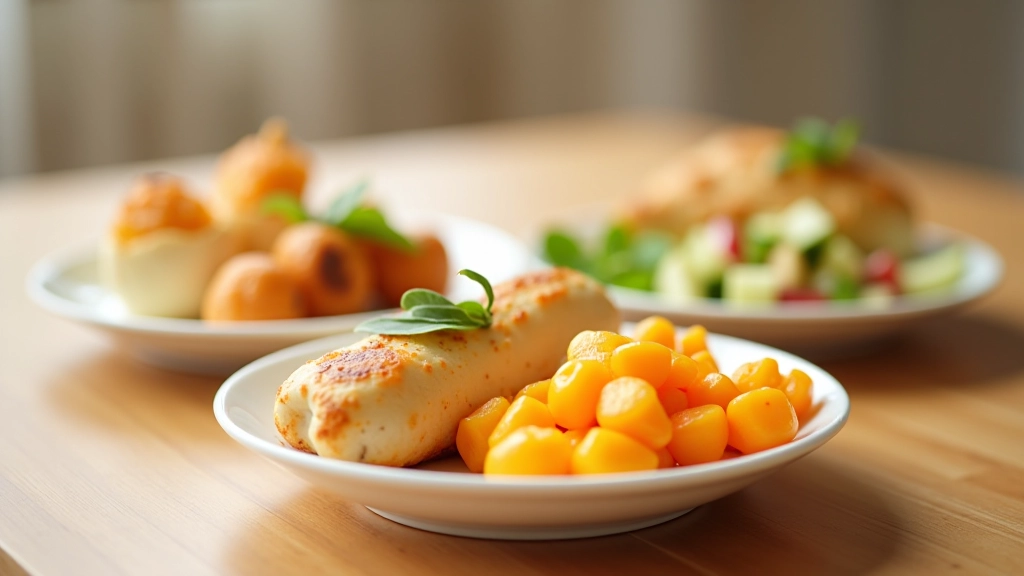 Three soft, colorful meal portions on white plates arranged on wooden table